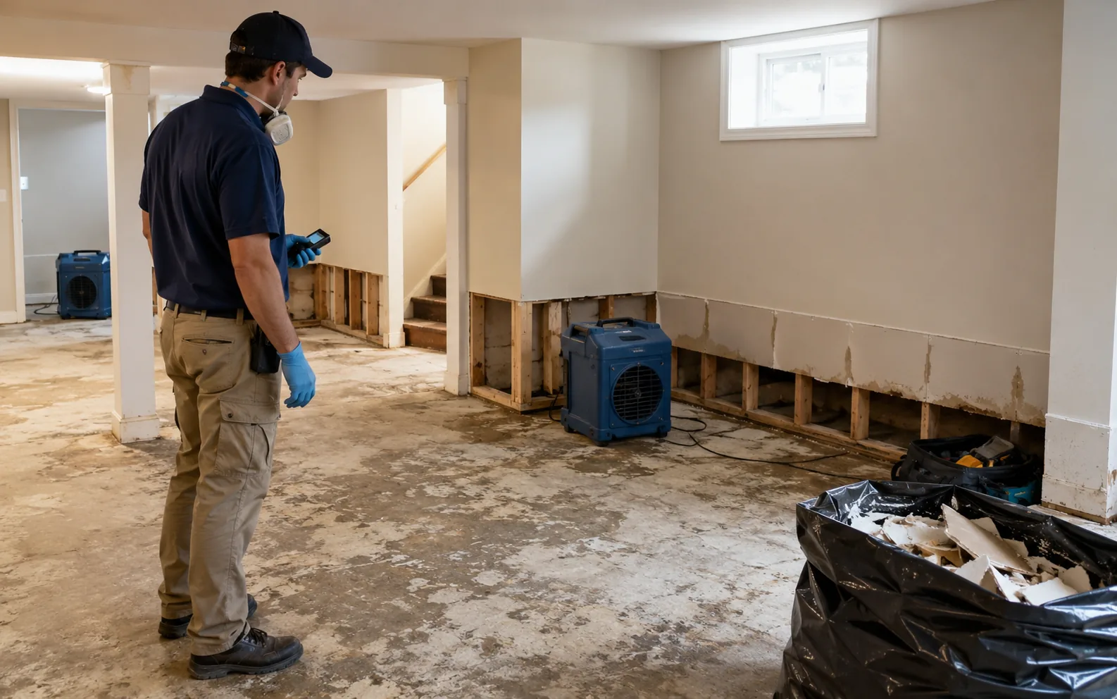 Flood-damaged basement undergoing professional removal and restoration