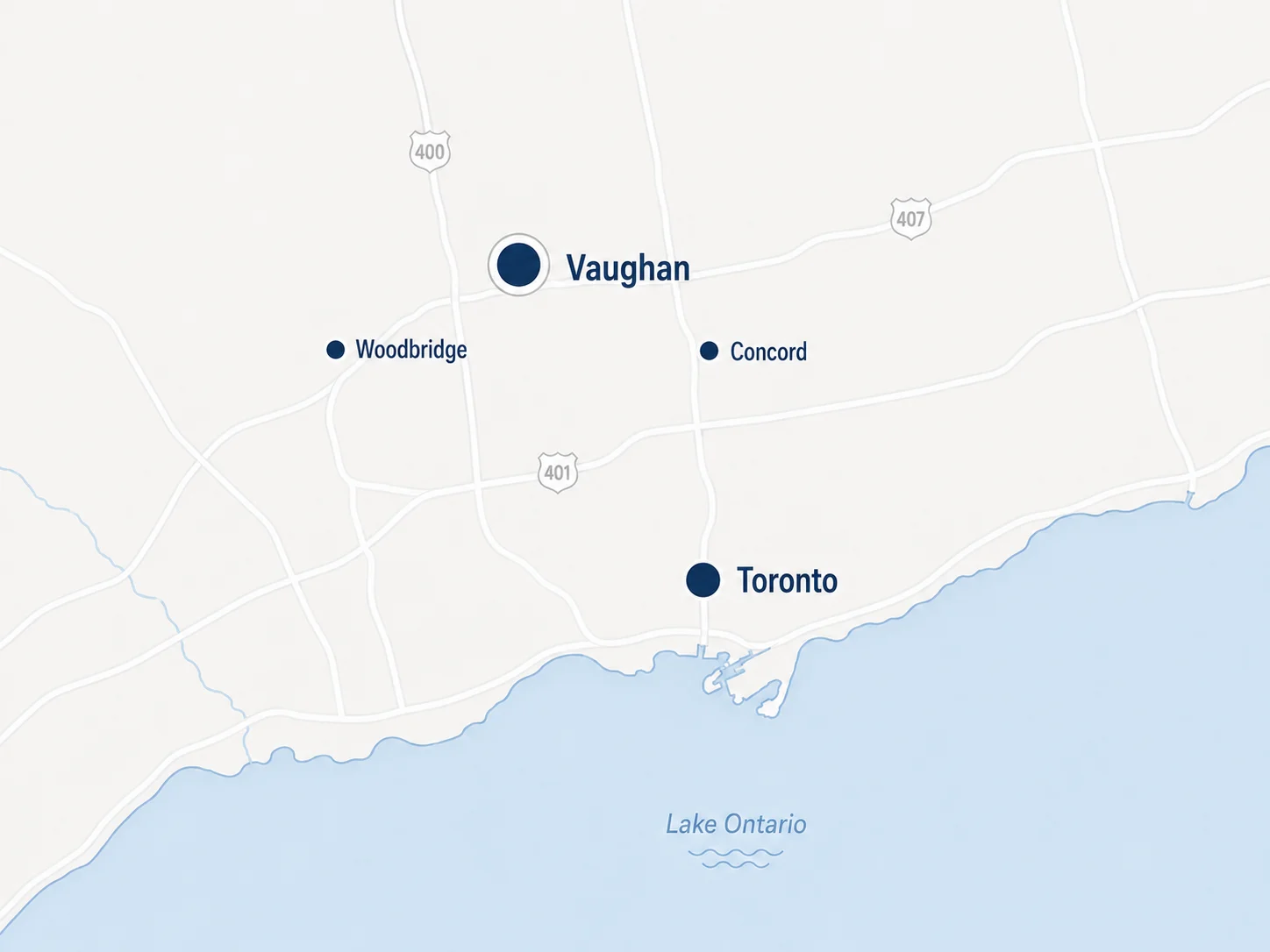 Service area map showing Vaughan, Woodbridge, Concord and Toronto